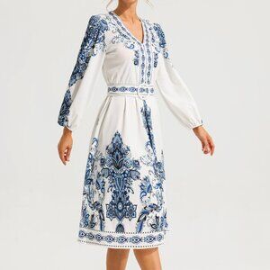 Blue and white Paisley midi dress